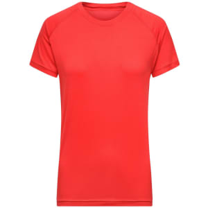 A red ladies' T-shirt with short sleeves and a classic crew neck design. It has a logo on it.