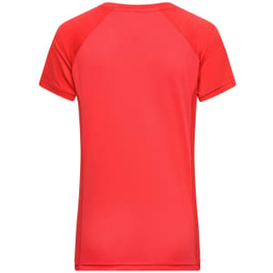A red ladies' sports T-shirt with a smooth, fitted design and short sleeves. It features a logo on the back.