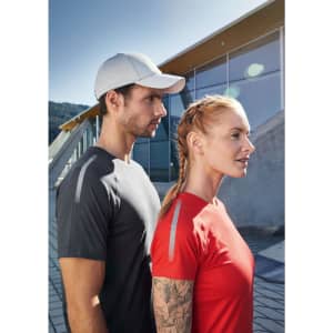 A grey sports T-shirt on a man and a red sports T-shirt on a woman, both with reflective details and a cap.