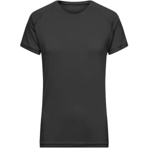 A black women's sports T-shirt with short sleeves and a rounded neckline. It features a logo on the chest area.