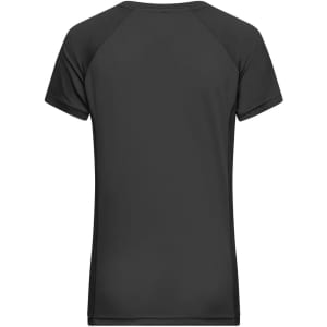 A black ladies' sports T-shirt with a fitted design and short sleeves, featuring a logo.