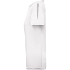 A white ladies sports T-shirt featuring a side view with grey detailing and branding.
