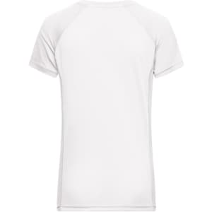 A white ladies T-shirt with short sleeves and a logo on the back.