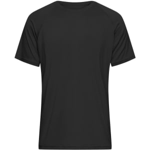 A black men's T-shirt with raglan sleeves, featuring a logo on the front.
