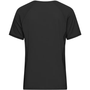 A black men's sports T-shirt with a simple design and a logo on the back.
