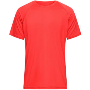 A red men's sports T-shirt with a raglan sleeve design and a simple, branded logo.