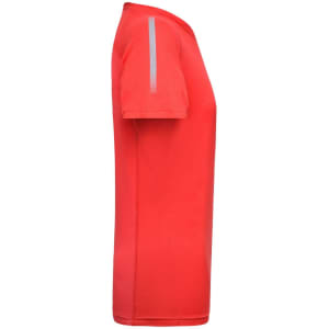 A red men's sports T-shirt with a short sleeve and reflective detailing on the shoulder. Contains a logo.