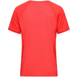 A red men's T-shirt with short sleeves and a sleek design. The back features a logo.