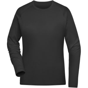A long-sleeve ladies sports shirt in black, featuring a simple design and a logo. Ideal for active wear.