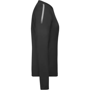 A black ladies' long-sleeve sports shirt with a reflective detail on the shoulder and a logo.
