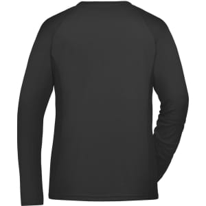 A black long-sleeve sports shirt featuring a simple design and a logo on the back.