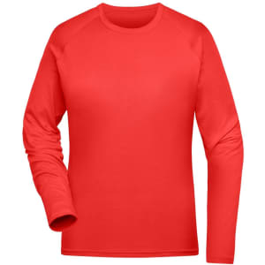 A red long-sleeve sports shirt with a crew neckline and a logo. Ideal for athletic wear.