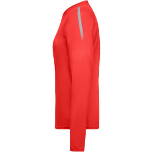 A red long-sleeve sports shirt with a grey detail on the shoulder, featuring a logo.