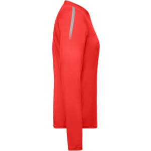 A red long-sleeve sports shirt with a grey accent on the shoulder. It features a logo branding.