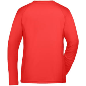 A red long-sleeve women’s sports shirt with a simple design and a logo on the back.