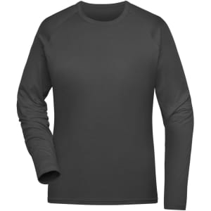 A long-sleeve ladies sports shirt in black, featuring a simple design and raglan sleeves. It has a logo on the chest.