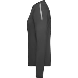 A long-sleeve ladies sports shirt in grey, featuring a simple design and a logo on one side.