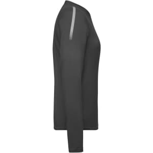A grey long-sleeve ladies sports shirt with a subtle logo, featuring a fitted design and smooth fabric.