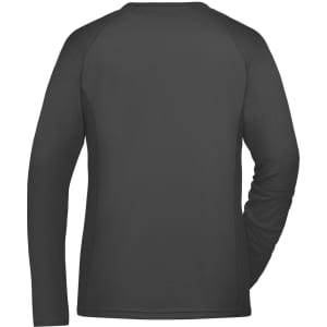 A black long-sleeved ladies sports shirt, featuring a simple design and a logo on the back.
