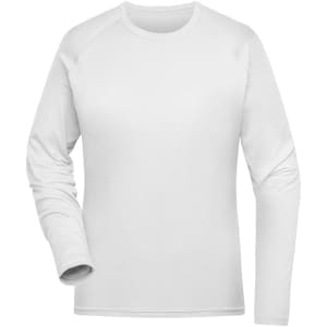 A long-sleeved white ladies' sports shirt with a crew neckline and a logo.