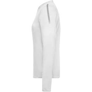 A white long-sleeved ladies' sports shirt with a grey accent and a logo on the side.