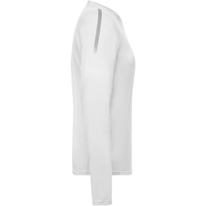 A ladies' long-sleeve sports shirt in white, featuring a sleek design and a logo on the shoulder.