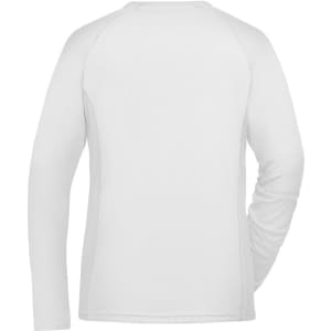 A white long-sleeved ladies sports shirt with a smooth back design and a logo on the upper back.