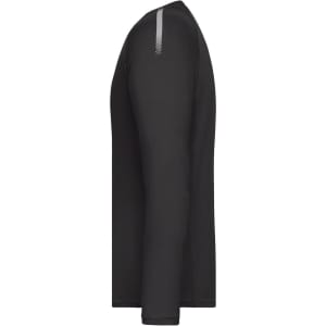 A black long-sleeve sports shirt with a subtle design feature on the shoulder and a logo.