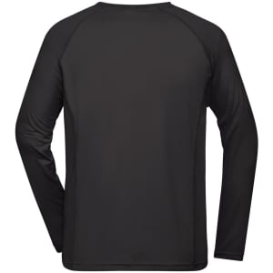 A black long-sleeved men's sports shirt with a simple design and a logo.