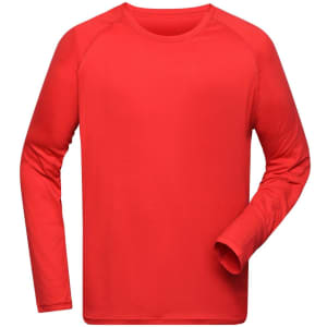 A long-sleeve men's sports shirt in bright red with a smooth texture and a logo on the chest.