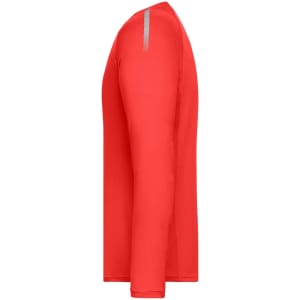 A long-sleeve men's sports shirt in vibrant red with a subtle logo on the shoulder.