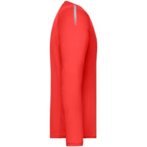 A long-sleeved sports shirt in bright red, featuring a simple design and a logo on the sleeve.