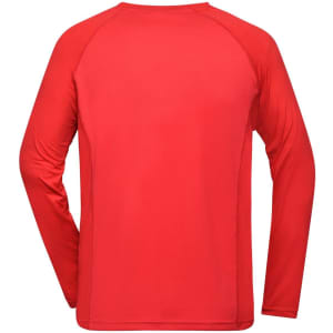 A long-sleeve red sports shirt with a smooth, plain back and contrasting raglan sleeves.