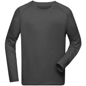 A long-sleeve men's sports shirt in dark grey, featuring a crew neck and a simple design.