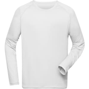A long-sleeve white sports shirt with a round neckline and a logo. Suitable for active wear.