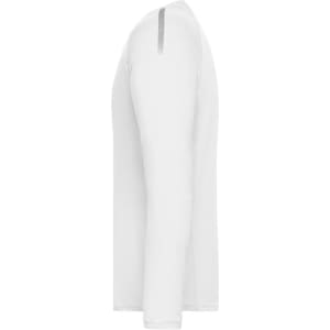 A white long-sleeve men's sports shirt featuring a subtle logo and a sleek, fitted design.