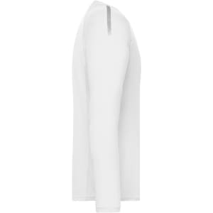 A white long-sleeved men's sports shirt featuring a logo on the back. The shirt has a sleek, minimal design.