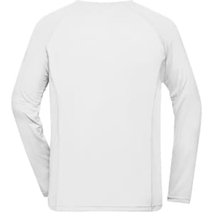 A long-sleeve men's sports shirt in white, featuring a simple design and a logo on the back.