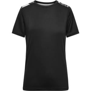 A black ladies sports shirt with patterned accents on the shoulders and a simple crew neck design.
