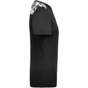 A black ladies sports shirt with a patterned design on the shoulders, featuring short sleeves and a simple cut.