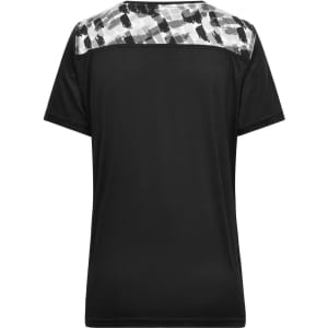 A ladies sports shirt in black, featuring a patterned grey and white upper back section and a logo.