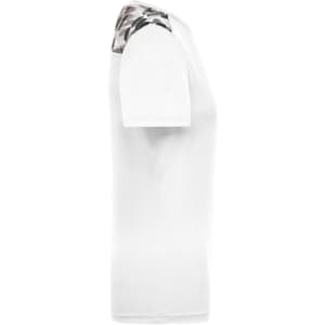 A white ladies sports shirt featuring a patterned design on the shoulders. It has a fitted silhouette and short sleeves.