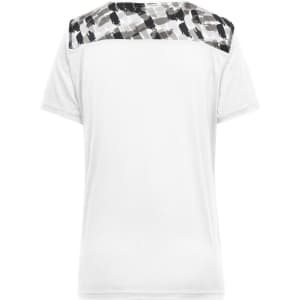 A white ladies' sports shirt featuring a patterned grey and black design on the back and a logo.