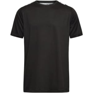 A black men's sports shirt with a standard crew neck and short sleeves, featuring a logo.