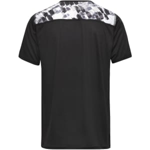 A men's sports shirt in black with a patterned grey and white design on the shoulder. It features a logo on the back.