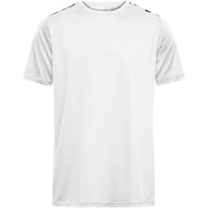 A white men's sports shirt with short sleeves and a logo on the shoulder.