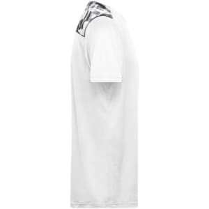 A men's sports shirt in white with a patterned design on the shoulders and short sleeves. It features a logo.