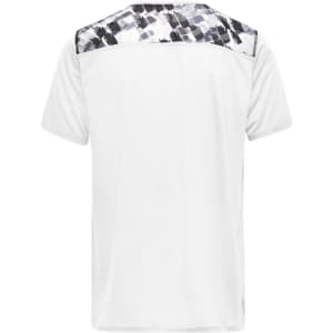 A men's sports shirt in white with a patterned grey and black design on the upper back. Features a logo.