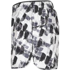 Ladies sports shorts in a black, white, and grey abstract pattern, featuring an elastic waistband and a logo.