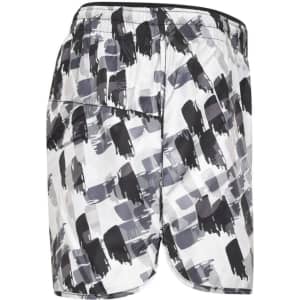 A pair of ladies' sports shorts featuring a black and white abstract pattern, with an elastic waistband and a pocket.